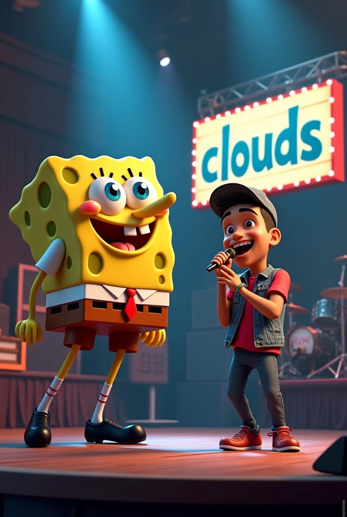 Draw Spongebob in an animated way on a stage with Rauw Alejandro in a realistic way, with a sign that says RAUW ALEJANDRO - CLOUDS