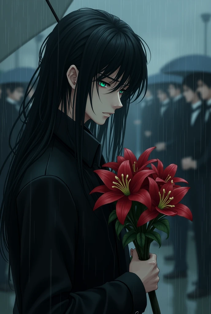 A sexy male, long black hair, teal blue eyes, delicate features, white and pale skin. In funeral, full black clothes, raining, holding an umbrella, holding flowers. Looking down. ((((Gloomy)))) (masterpiece) (ultra-detailed precision)) (pretty drawn) (pretty drawn face) (despair) (sadness) (1 male) ((sad) (close to camera) ((red death lilys) ((looking down) (sad) ((gloomy atmosphere)) (anime style) 