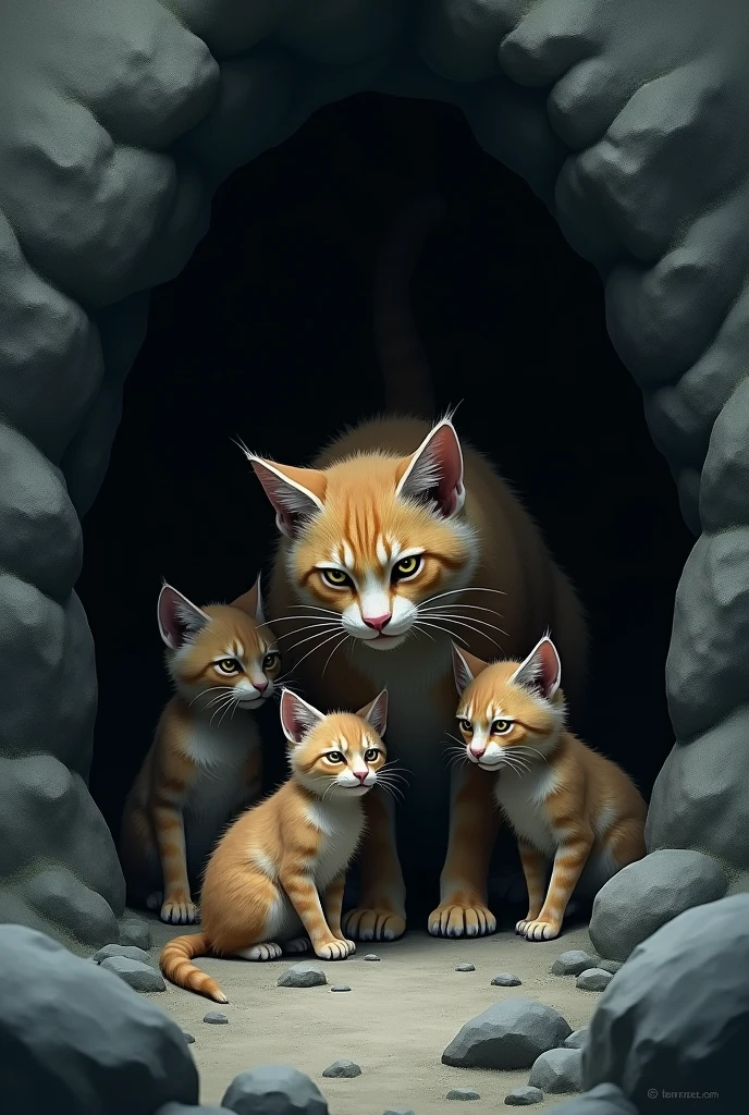A cat in a cave with his cubs in scare mood in harsh conditions