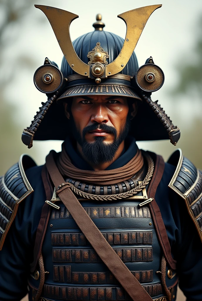 Create an ultra-realistic image of a samurai from the waist up, focusing on a frontal view of the bust. The samurai should be wearing traditional Japanese armor, featuring intricate, textured details like polished metal plates, leather, and silk. The helmet (kabuto) should be designed to showcase the face, with an intense and determined expression. The armor should include shoulder guards, a chest plate, and visible chainmail. The background should be neutral or a subtle landscape that enhances the figure, with soft lighting to highlight the details and textures of the armor. Ensure that the samurai’s serious expression and imposing presence are clearly captured from the frontal perspective.