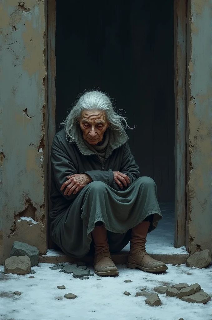 Cold winter weather, The old lady has no warm clothes to wear., no socks to wear, sitting shivering in a corner of the house