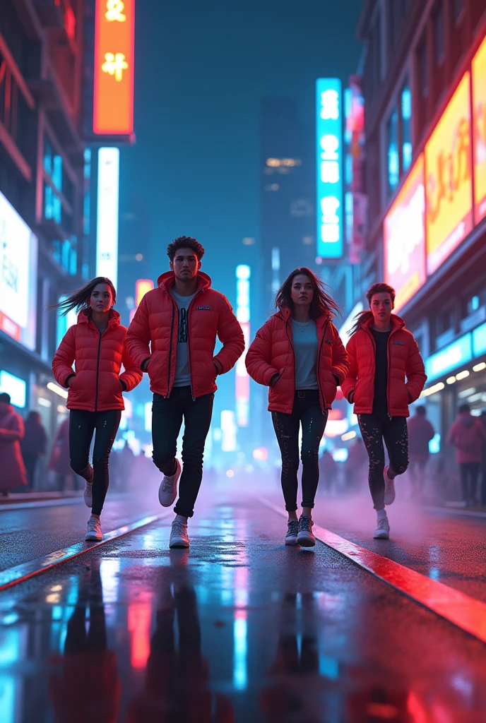 Night opening Location:a futuristic neon-lit city.
supper: The 4 members run through the vibrant streets of the city, with flashing lights and tall buildings in the background. The camera follows them closely,capturing the feeling of fast movement and adrenaline.
The looks of the night opening:modern and urban clothing, with lots of shine and neon.
