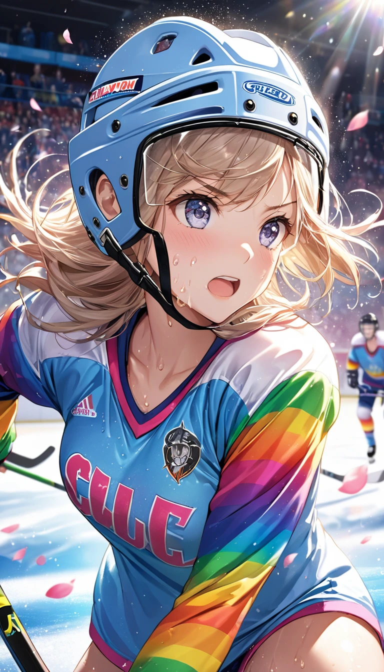 (Sports magazine cover photo), Highest quality, Great quality, 16K, Unbelievably absurd, Very detailed, delicate and dynamic, Natural light, The particles reflect light, Diffuse reflection of light, Many rainbow-colored petals fall, Beautiful hall, Sparkling Sun, Diffuse reflection of light, Create amazing image effects, Hockey girl, Wet, sweating, Ice hockey, Holding hockey stick, Close-up(Cute sexy girl, big bouncing busts, Sensual expression, Cool girl, Serious, passion, Dynamic, Flashy hockey uniform, ,ice hockey helmet, Face guard, audience ,much-air-laden cheer)