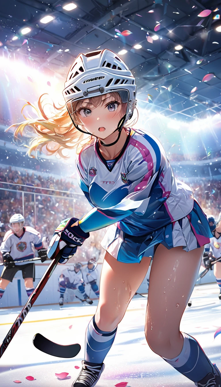 (Sports magazine cover photo), Highest quality, Great quality, 16K, Unbelievably absurd, Very detailed, delicate and dynamic, Natural light, The particles reflect light, Diffuse reflection of light, Many rainbow-colored petals fall, Beautiful hall, Sparkling Sun, Diffuse reflection of light, Create amazing image effects, Hockey girl, Wet, sweating, Ice hockey, Holding hockey stick, Close-up(Cute sexy girl, big bouncing busts, Sensual expression, Cool girl, Serious, passion, Dynamic, Flashy hockey uniform, ,ice hockey helmet, Face guard, audience ,much-air-laden cheer)