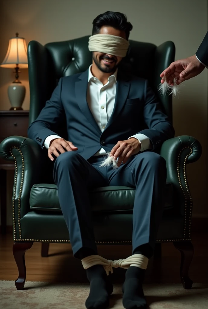 There is a handsome businessman from Malaysia named Zarul tangan,legs with black socks tied to the chair and eyes covered with a cloth The kidnapper took off his zarul shoes, then tickled Zarul's soles with chicken feathers and he laughed amusedly