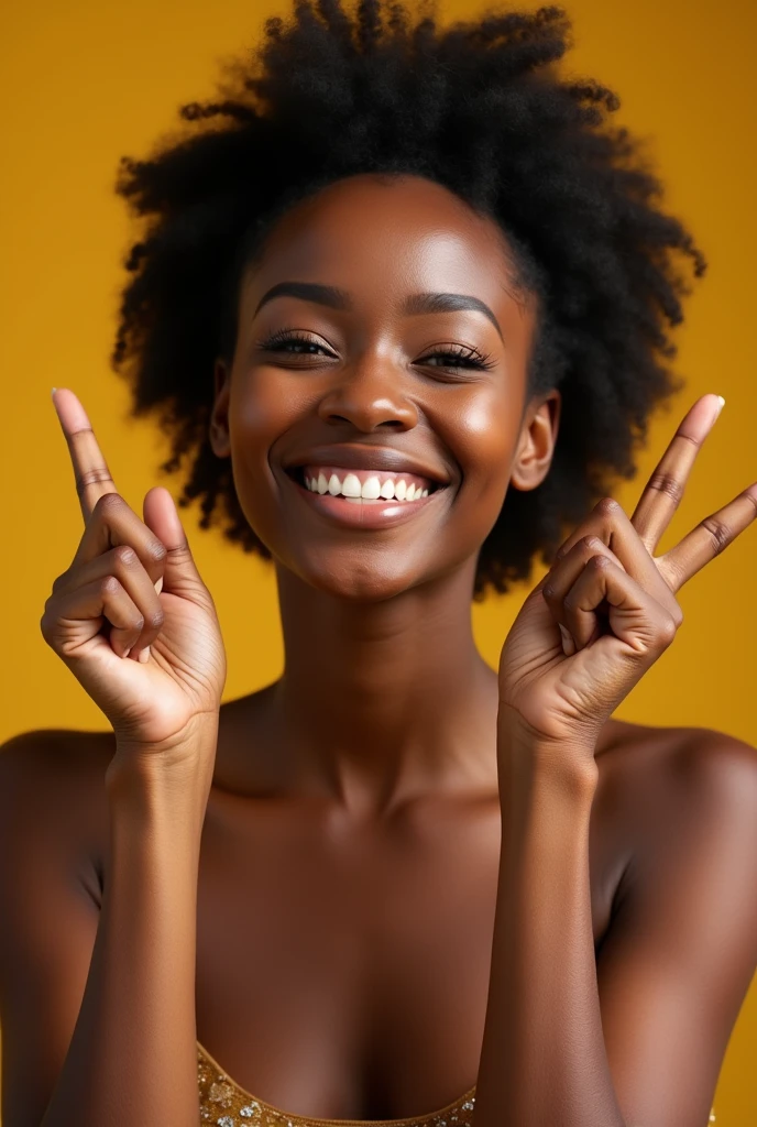 Créé la photo d'une femme qui s'appelle maya, de race africaine et heureuse soulevant les deux mains et sourire au visage. La photo doit être en portrait 