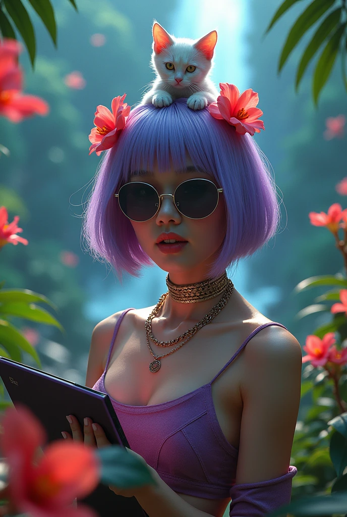 Take acer on adventure, Acer notebook main point, close-up portrait of woman while holding acer notebook, asian girl have flower on ears and sun glasses, surrealist, high quality, cinematic, low-key, galaxy paradise fall in background, jungle flower in foreground, a little cat on head,[Ai001 is a famous fashion asian model, platinum detailed short purple hair], fullbody for north face camping wear, wearing a 90s haute couture streetwear, kodak color film, film grain filter, acer notebook