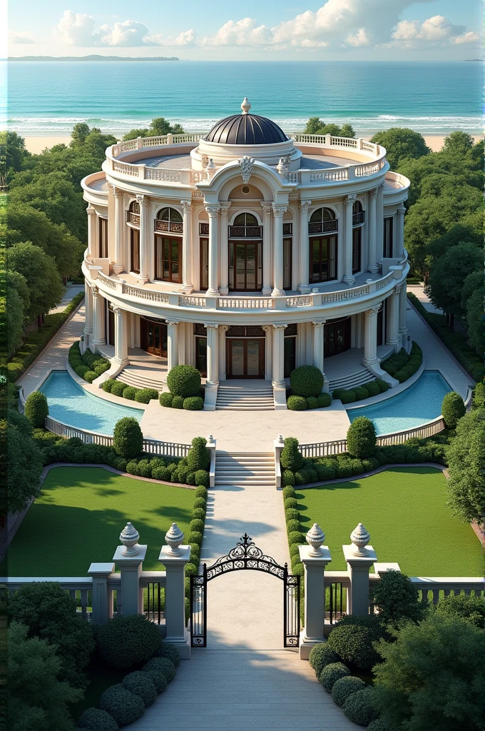 a top perspective of an elegance and beautiful not so modern mansion that is big with a pool, and a beach side, nature, have the biggest courtyard, have gate, a parking space, a grassy space, big door, and a big gate, fresh and calming magical looking