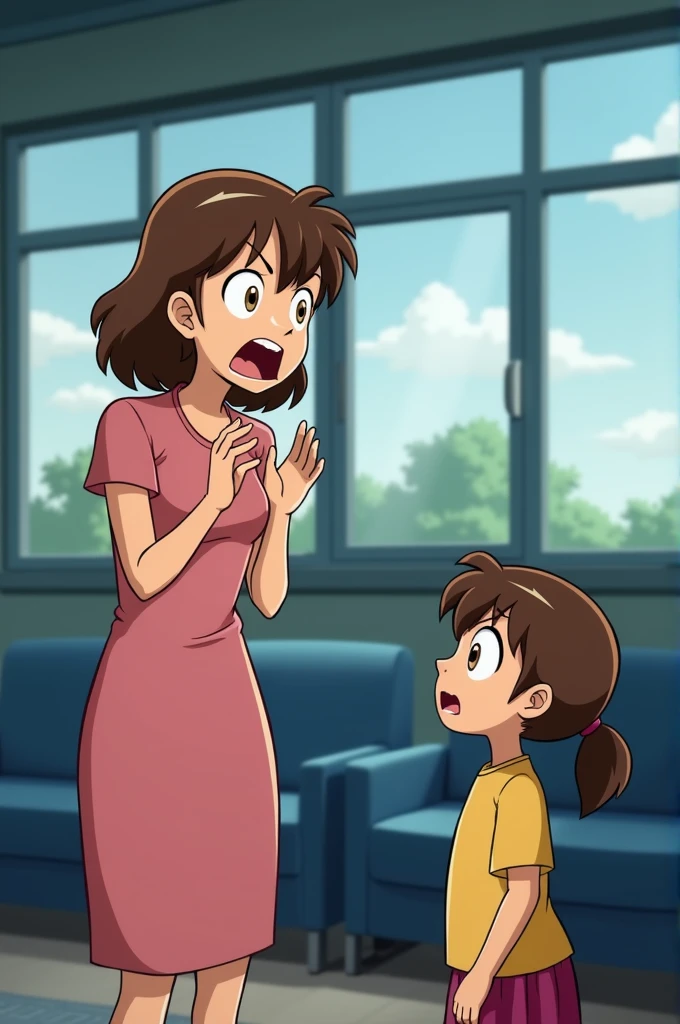 A lady angrily yells at the girl who is scared looking at her. The characters have brown hair and brown eyes.. Both are in a room with large windows and blue furniture.. animated art.