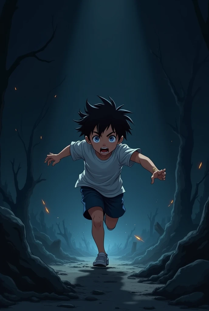 Create a cute anime boy running for escape in his own mind surrounded by only darkness