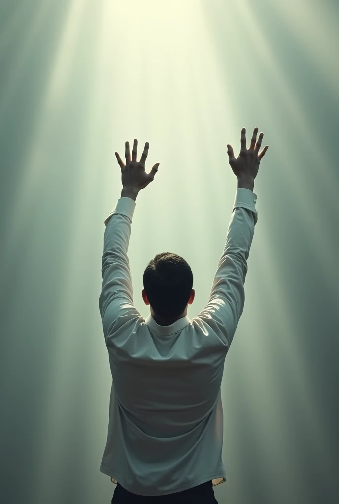 man's back (wearing white long sleeve) reaching out right hand to the sky dramatic
