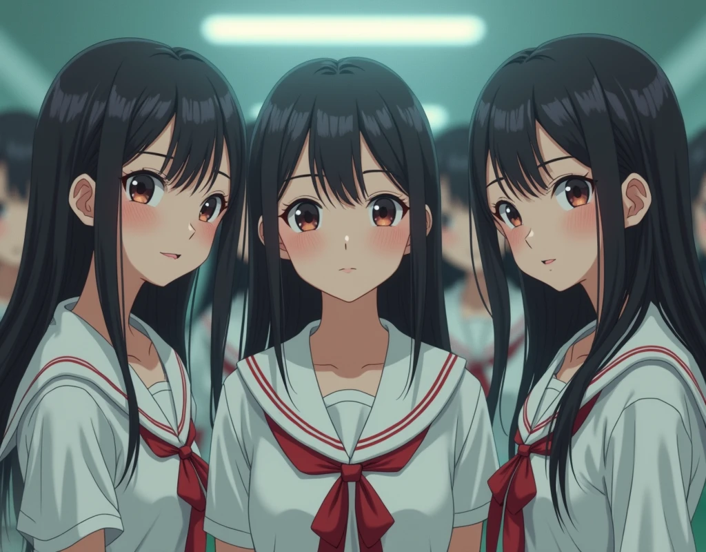 (Japanese Clone-girls=Myself), (Super Best masterpiece Clone-girls Raw Photography Art), (16K, Highest quality, Ultra-high resolution, RAW Photos), (It's so unrealistic., With unparalleled depiction, With an unfathomable sight, An unprecedented and shocking worldview, Clone-girls: In a world of mass reproduction, Ultra-realistic), (Japanese Girls, 16yo, Small face, Thick black hair, long hair, Dark Eyes, Mature face, かわいいsmile, Smiling face, A gentle gaze, Very pleasant look), (Very beautiful detailed girls, Accurate body structure, Accurate body movements, Very detailed body, (Super big breasts, Large bulge of ample breasts)), (Schoolgirl uniform, Short sleeve, mini skirt, Emphasise the fullness of your breasts), (Very detailed, Myself cloning, Depiction of splitting oneself, 1Myself girl→1,000,000,000,000,000,000,000,000,000,000Myself cloning girls), (Very detailed and intricate, Myself clone-girlsから, Myself's body is multiplying, A perfectly matched depiction, (In the same female body,With the same face, With the same hairstyle, In the same clothes, At the same height, 同じSuper big breasts)), (Myself girls only), Academy, gym, stage, Commemorative photo depiction, Group photo, description of stages, smile