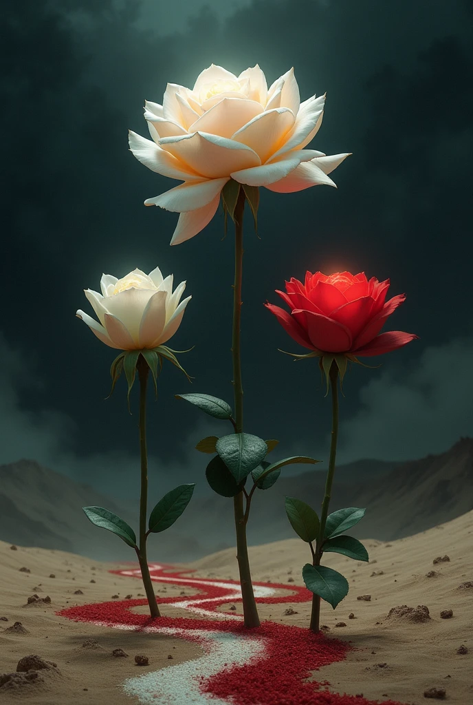 3 flowers(one red one pind one white) standing in arid desert, nightmare view darkness everywhere. The white rose are the longest and the biggest and strongest between the trio. The pink rose are the most fragile but also the unique source of light in this dark scene . The red rose are the most beautiful and her petal show a path in this night mare scene. Dreamlike view