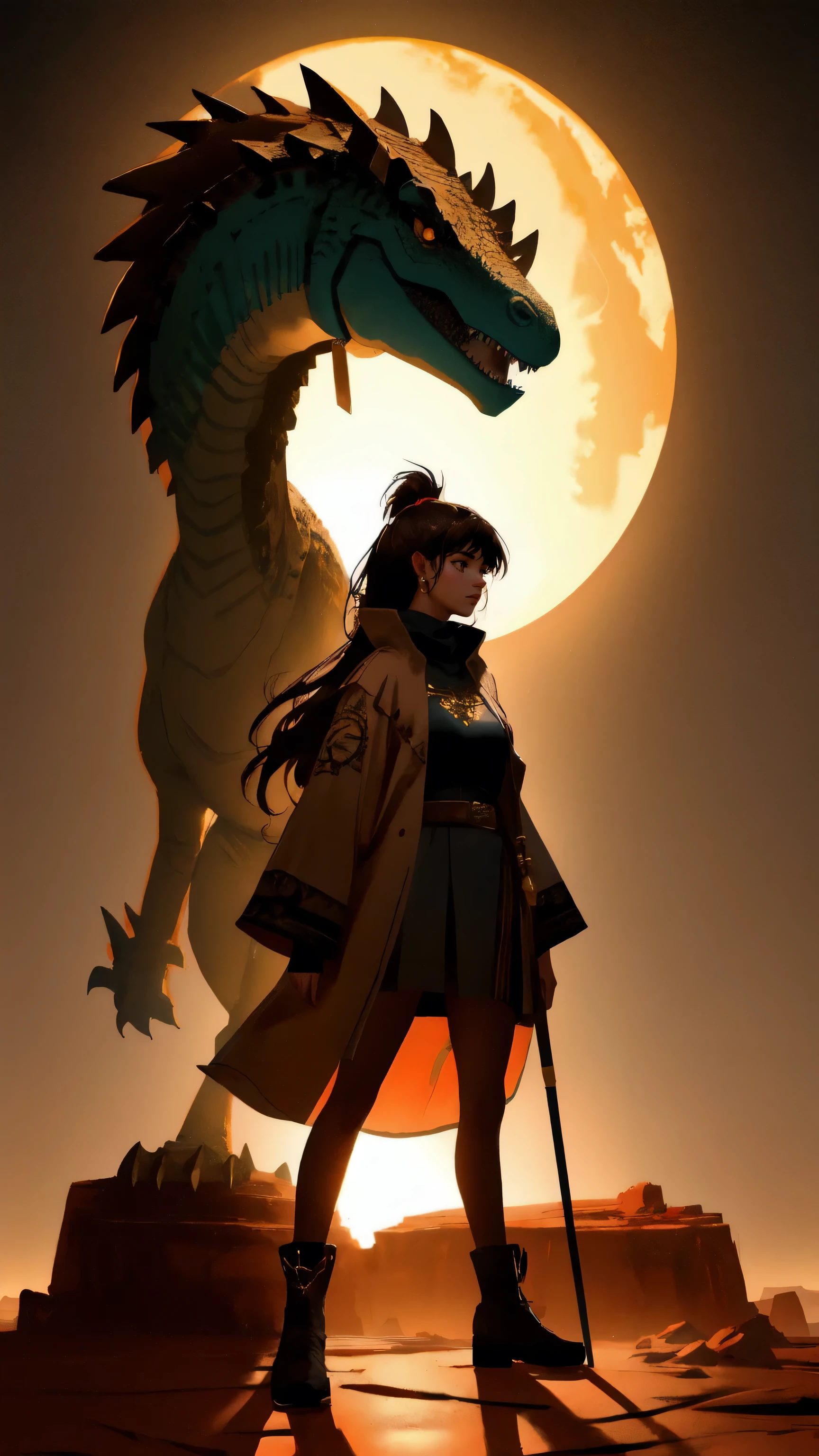 OG Crypto Dinosaur in a brown background: A beautiful, cute girl dressed as a fierce, ancient warrior, standing in a vast, rocky desert. The ground is cracked, and large Bitcoin coins are partially buried beneath the surface, hinting at an ancient crypto civilization. The brown, earthy tones of the background, combined with the intense glow of the setting sun, create a mystical, prehistoric atmosphere. The girl, holding a spear, stands tall and powerful, embodying the spirit of the 'OG Crypto Dinosaur' with a modern twist.