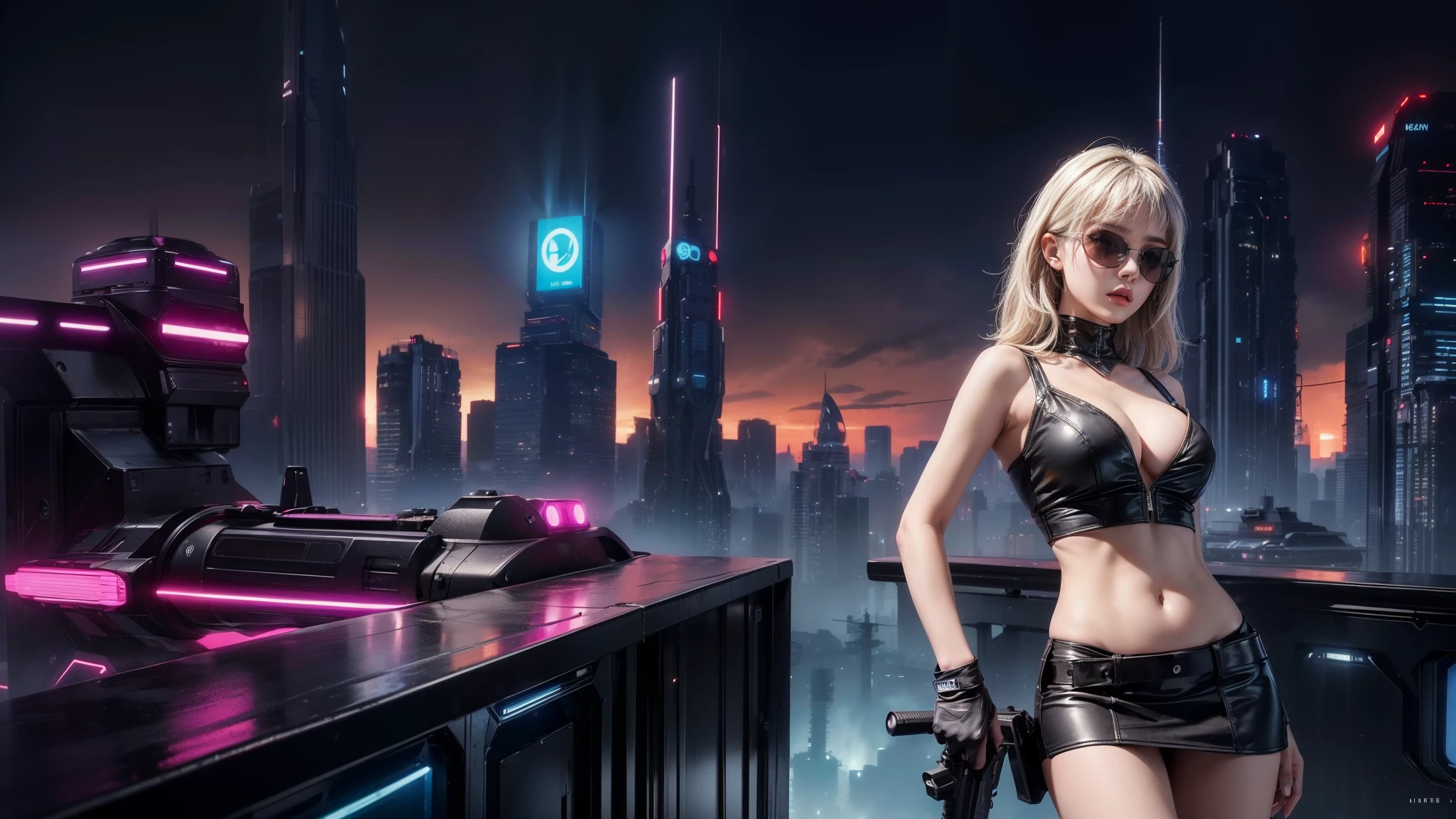 (Wide angle view). Blade Runner style futuristic city, simple outlined transparent neon tall buildings, glowing giant clock tower, flying cars, helicopter, lightning, 3D rendering Beeple. At night, (1girl, solo, alone), photorealistic, medium-breast slim:0.6 body, oval:0.6 face, cleavage:1.1, sexy black laced bra, glove, deep-V, (very low angle view of miniskirt), white laced panty, coat, (Matrix style black micro sunglasses), ((aiming viewer with a short gun)), (running pose), (half-body thigh level close-up shot), cinematic lighting, ray tracing.