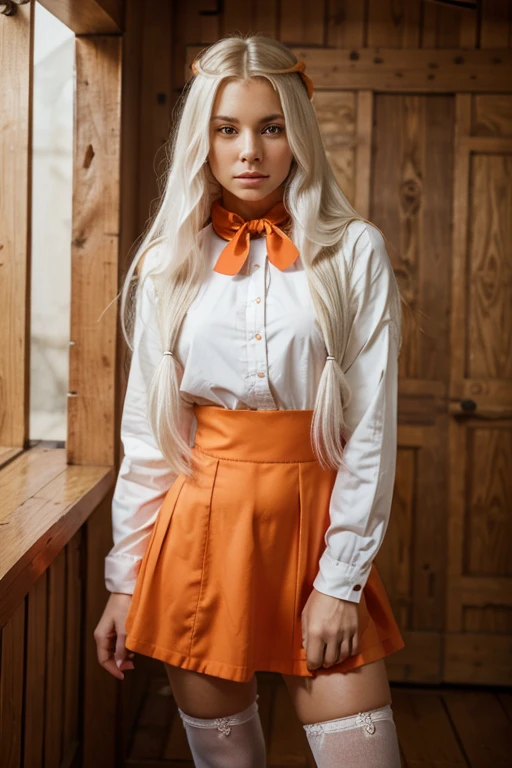 1 girl, masterpiece, Best quality, high quality, OLGA_marie, WHITE_hair, Orange_eyes, LONG hair, hair между eyesми, long sleeves, Jacket, red ascot, dress, skirt, tights, очень длинные hair, cowboy shot,