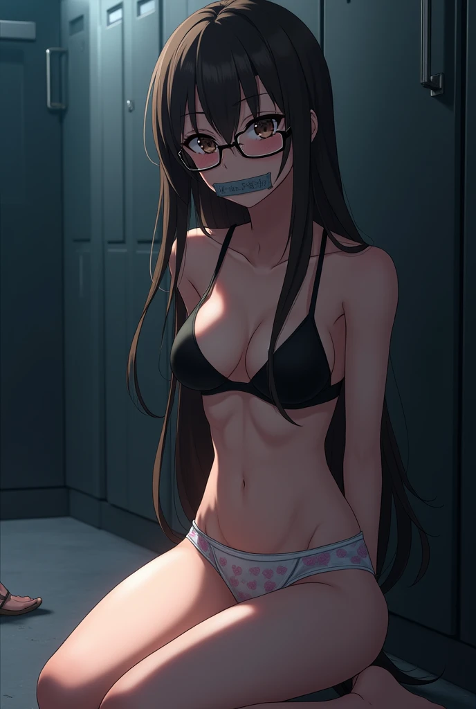 ((solo:1.2)),cute girl chained up in a basement, teenage, 15 years old, slim body, sex slave, prisoner, duct tape over mouth, black bra and black thong, crying, tears, long black hair,wearing nothing else besides underwear, bent over, medium breasts, bending over rear view, small butt, buttcheeks