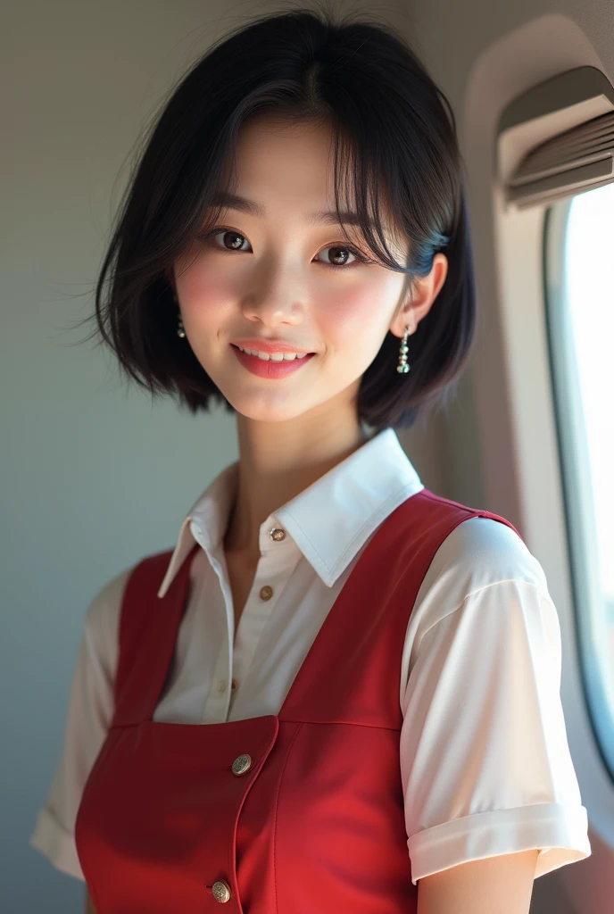 A very beautiful 20-year-old Japanese woman, (とてもcute顔:1.9), (smile:1.9), (Sexy Body, Beautiful body:1.2),(Looking into the camera, Kind eyes:1.3), (超High resolution;1.9) ,(Very beautiful eyes, Extremely beautiful skin), {masterpiece}, {Highest quality}, High resolution, Very detailed, 8k, cute, {Very delicate and beautiful}, In detail,Amazingly beautiful, {Photorealistic}, Intricate details, Very detailed, {Beautiful Face}, Very detailedな, Written boundary depth, Beautiful visual effects, (Glowing Skin) , {one person&#39;s}, (double eyelid, Round face), RAW Photos,Big eyes, (Stewardess Uniform:1.4), (Showing panties, Thighs, short hair:1.5), Brilliant point, look up