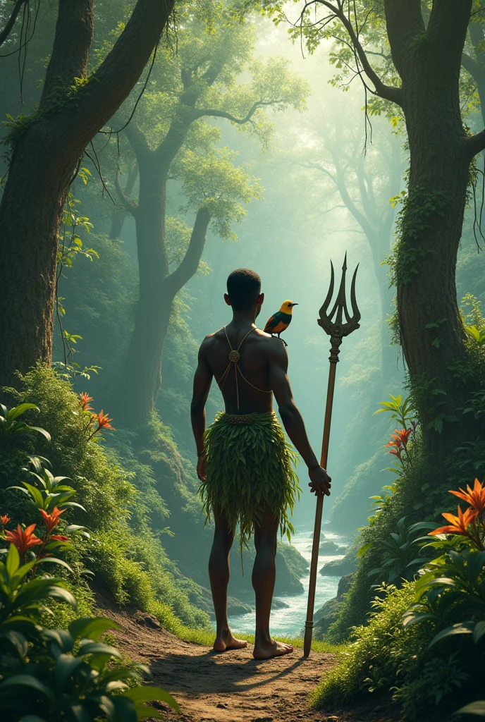 black-skinned male, shorth hair, having only one leg, in one hand he carries a small spear with seven points, dressed only in leaves and herbs, that involves the waist and chest, calm demeanor, pure and distracted, olhando para as Trees, a beautiful bird accompanies him like a faithful friend, está localizado em uma flowersta virgem, richly adorned with many species of plants, Trees, climbing vines, flowers, all with great healing power, a great atmosphere of joy and protection is in the air, a stream in the distance.