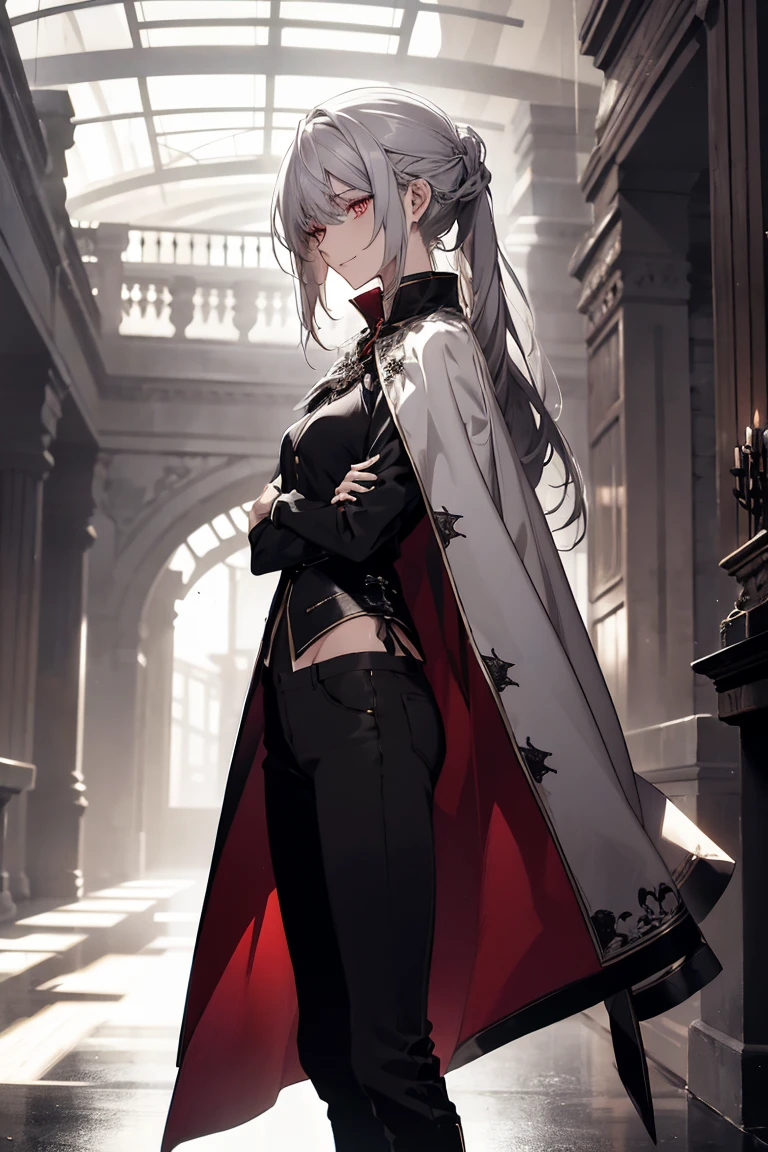 (Confused, High resolution, Very detailed), 1 female, Silver Hair,Long Hair,Knot,Hair tied at the nape,Low Tail,Crimson Eyes,Black and white clothes,27th generation,beauty,mature,thin,quiet,Small smile,Cape,Slender and thin,boots,skinny pants,lobby,Small breasts,
