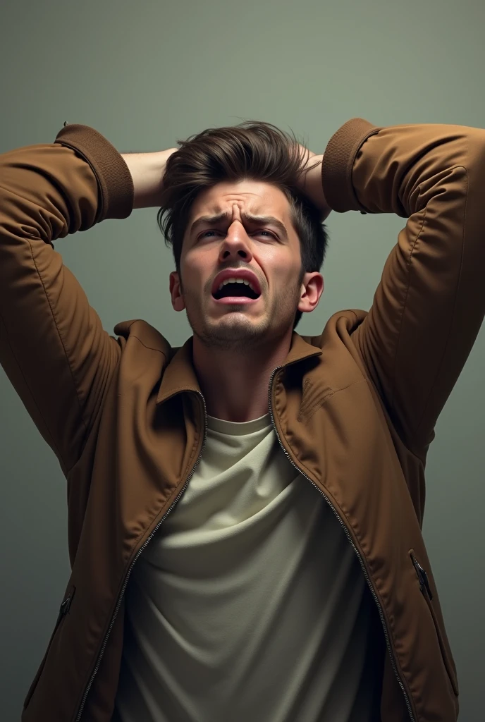 naughty man, crying with arms up, muito triste, looking up, brown jacket, Youngh