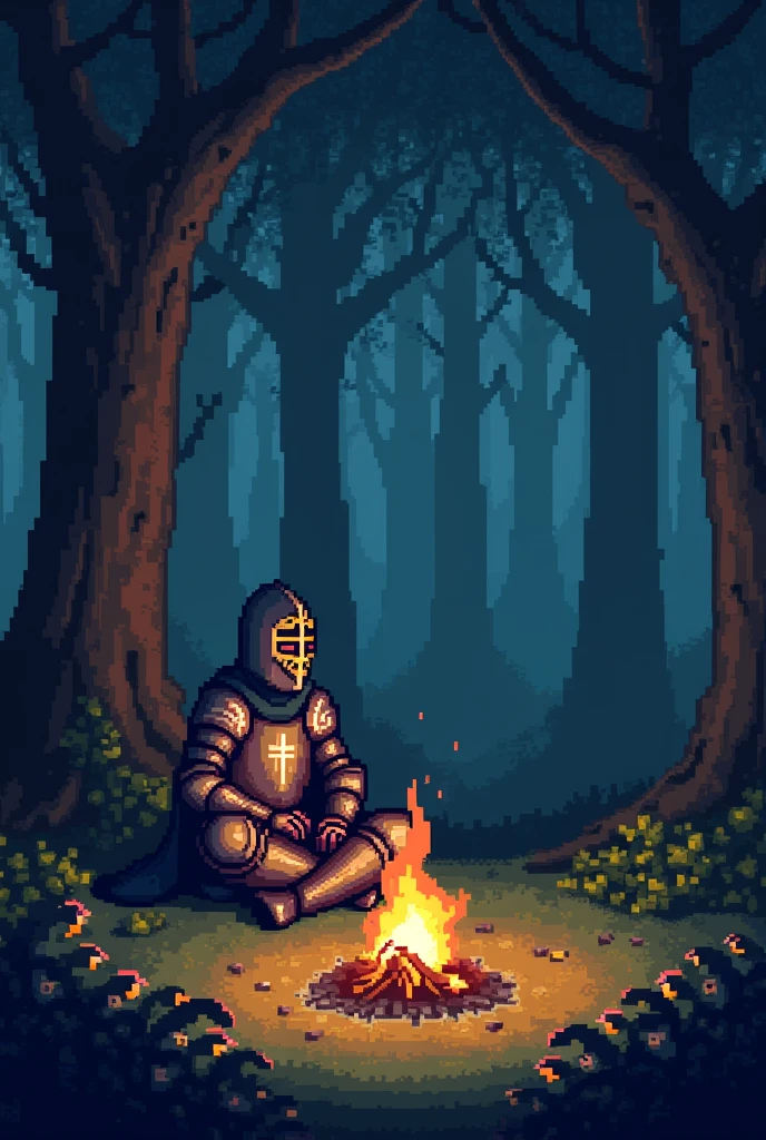 Pixel knight sitting by the campfire in a forest
