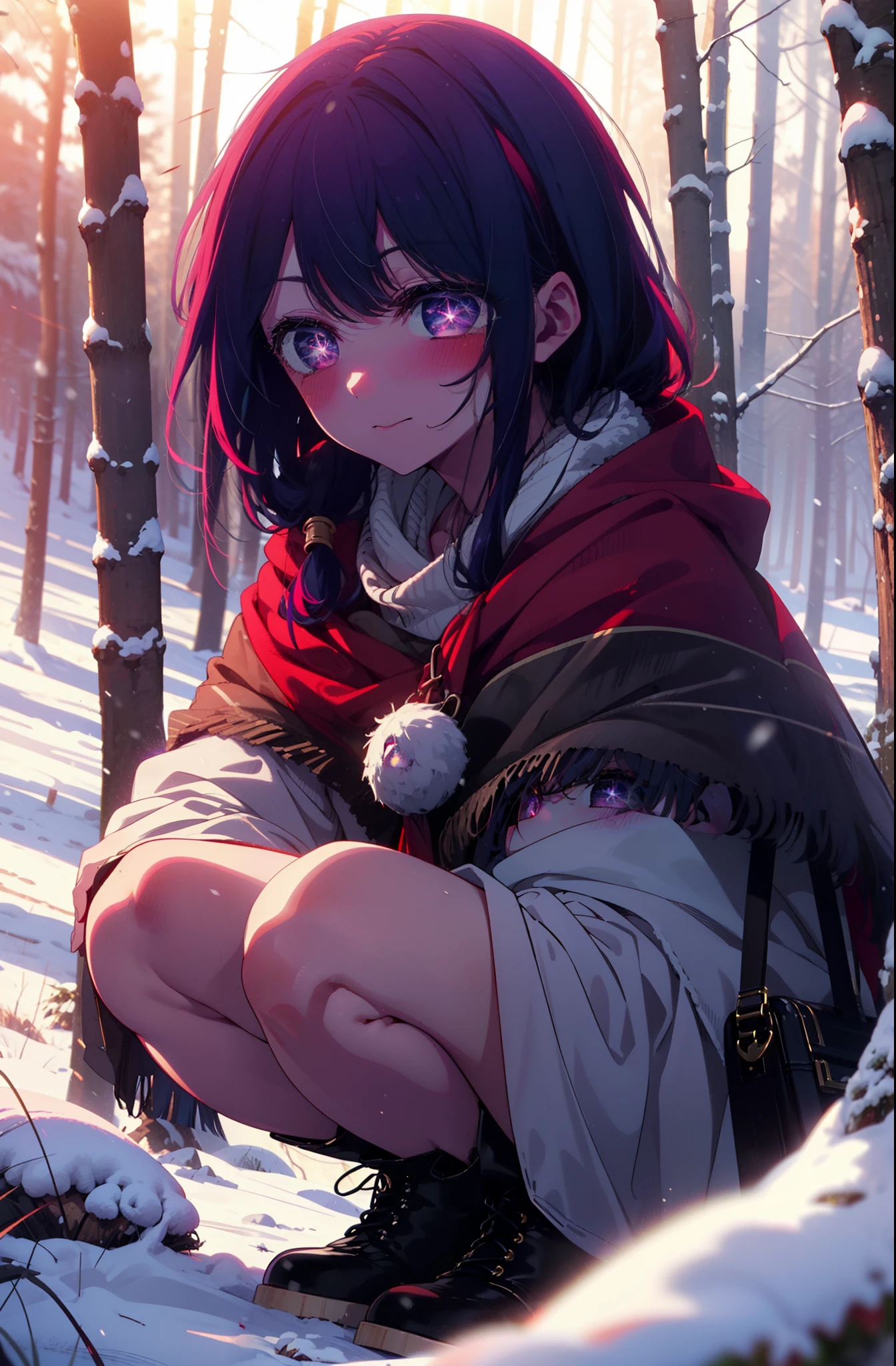 aihoshino, Ai Hoshino, Long Hair, bangs, (Purple eyes:1.1), Purple Hair, (Symbol-shaped pupil:1.5), smile,,smile,blush,white breath,
Open your mouth,snow,Ground bonfire, Outdoor, boots, snowing, From the side, wood, suitcase, Cape, Blurred, , forest, White handbag, nature,  Squat, Mouth closed, Cape, winter, Written boundary depth, Black shoes, red Cape break looking at viewer, Upper Body, whole body, break Outdoor, forest, nature, break (masterpiece:1.2), Highest quality, High resolution, unity 8k wallpaper, (shape:0.8), (Beautiful and beautiful eyes:1.6), Highly detailed face, Perfect lighting, Highly detailed CG, (Perfect hands, Perfect Anatomy),