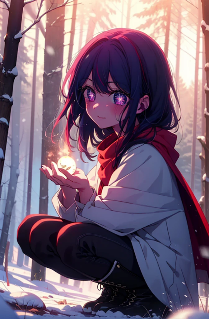 aihoshino, Ai Hoshino, Long Hair, bangs, (Purple eyes:1.1), Purple Hair, (Symbol-shaped pupil:1.5), smile,,smile,blush,white breath,
Open your mouth,snow,Ground bonfire, Outdoor, boots, snowing, From the side, wood, suitcase, Cape, Blurred, , forest, White handbag, nature,  Squat, Mouth closed, Cape, winter, Written boundary depth, Black shoes, red Cape break looking at viewer, Upper Body, whole body, break Outdoor, forest, nature, break (masterpiece:1.2), Highest quality, High resolution, unity 8k wallpaper, (shape:0.8), (Beautiful and beautiful eyes:1.6), Highly detailed face, Perfect lighting, Highly detailed CG, (Perfect hands, Perfect Anatomy),