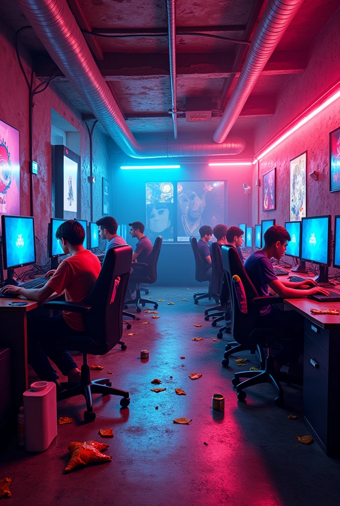 Show me a gamer-type internet cafe where you can see dirty clothes on the floor and Doritos, but the gamer room looks visually attractive. 