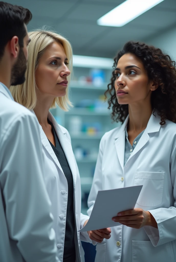 Three people are in the lab standing, they are wearing lab coats. One of them is mid 50s woman, blonde mid size hair and she is the auditor, holding some documents. One auditee is at early 30s man handsome with dark hair, beard and blue eyes, other auditte is middle 30s woman with middle sized dark curly hair, hair not binded, from Turkey. All three's faces are visible and look real people from pictures.