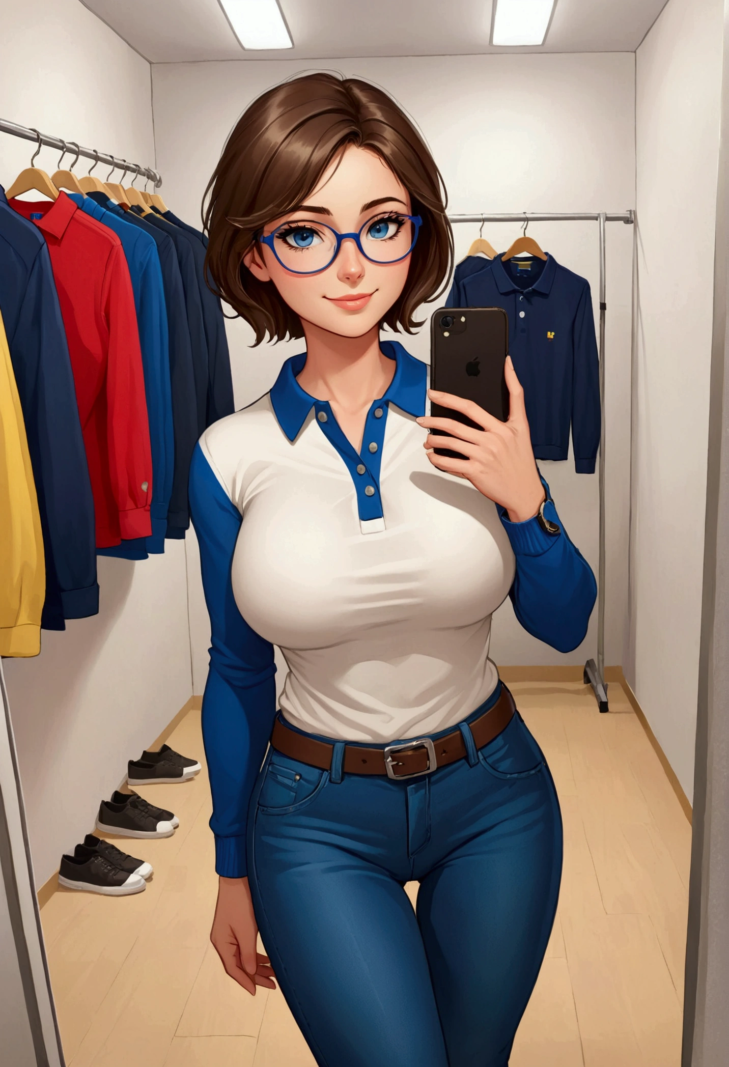 20 years old woman, Short brown hair, Méditerranéenne aux blue eye, Generous and heavy breasts, slender waist, definition of l&#39;estomac, fesses rebondies et pulpeuses, naturally curved, muscular thighs, aguicheuse, fitting room , blue eye, lunettes, jean et polo, Selfie, ssmile, side view 