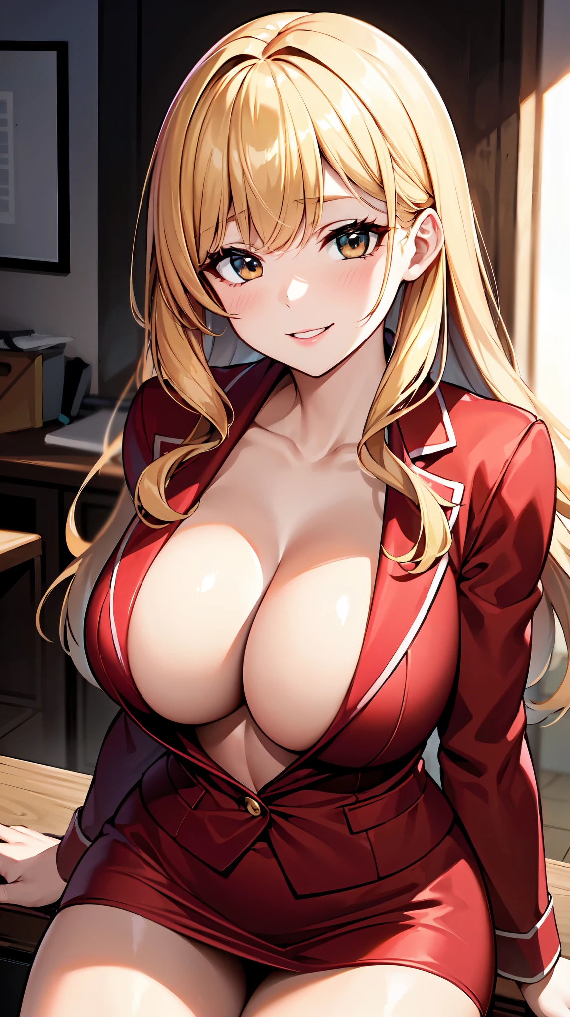 ((super high quality,))((Ultra-high resolution,))(16K,)(super masterpiece,)((Ultra HD ,))(Detailed shading,)One sexy career woman,Blonde medium-long hair with strong waves from the top of the head,Thick lips,Cleavage,Naked with a tight-fitting red suit,Long sleeve,Red pencil skirt,Black Stockings,smile,Office in the morning sun,Sit at a desk,