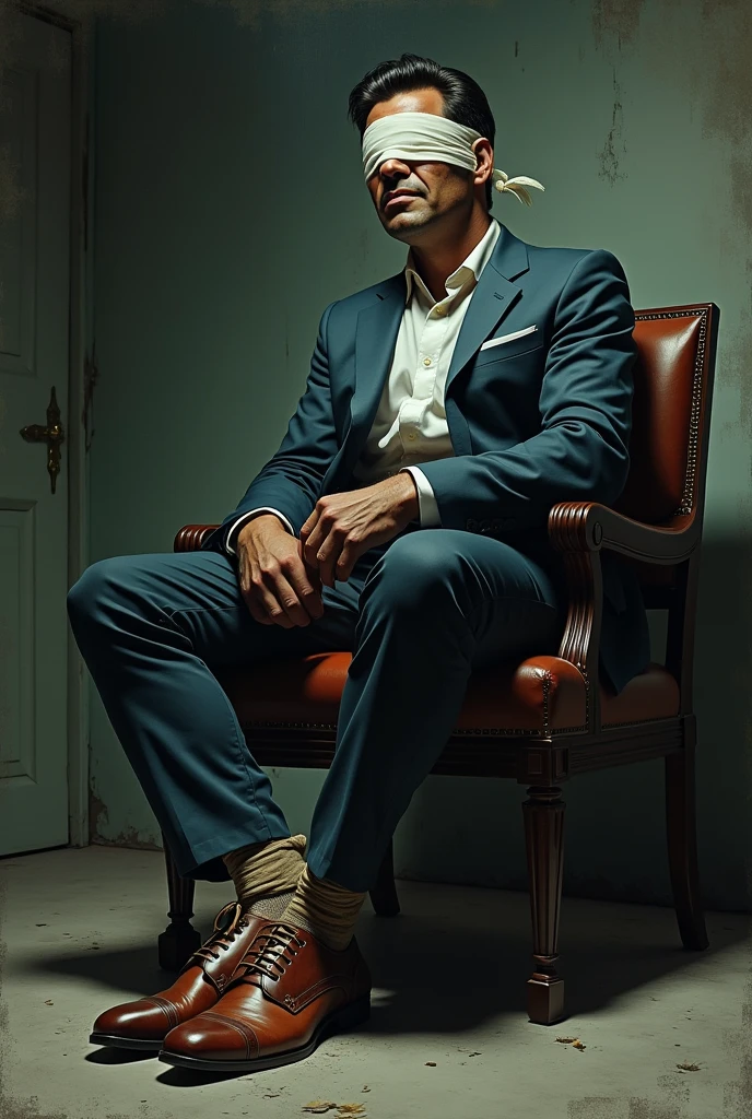 There is a handsome businessman from Malaysia named Zarul tangan,legs with black socks tied to a chair and eyes covered with a cloth The kidnapper took off Zarul's shoes and tickled Zarul's soles with a chicken feather and he laughed out loud