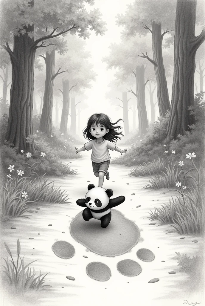 a panda footprint as a background and inside it a girl runs chasing a panda in a forest drawn in pencil