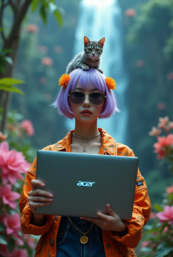 Take acer on adventure, Acer notebook main point, close-up portrait of woman while holding acer notebook, asian girl have flower on ears and sun glasses, surrealist, high quality, cinematic, low-key, galaxy paradise fall in background, jungle flower in foreground, a little cat on head,[Ai001 is a famous fashion asian model, platinum detailed short purple hair], fullbody for north face camping wear, wearing a 90s haute couture streetwear, kodak color film, film grain filter, acer notebook