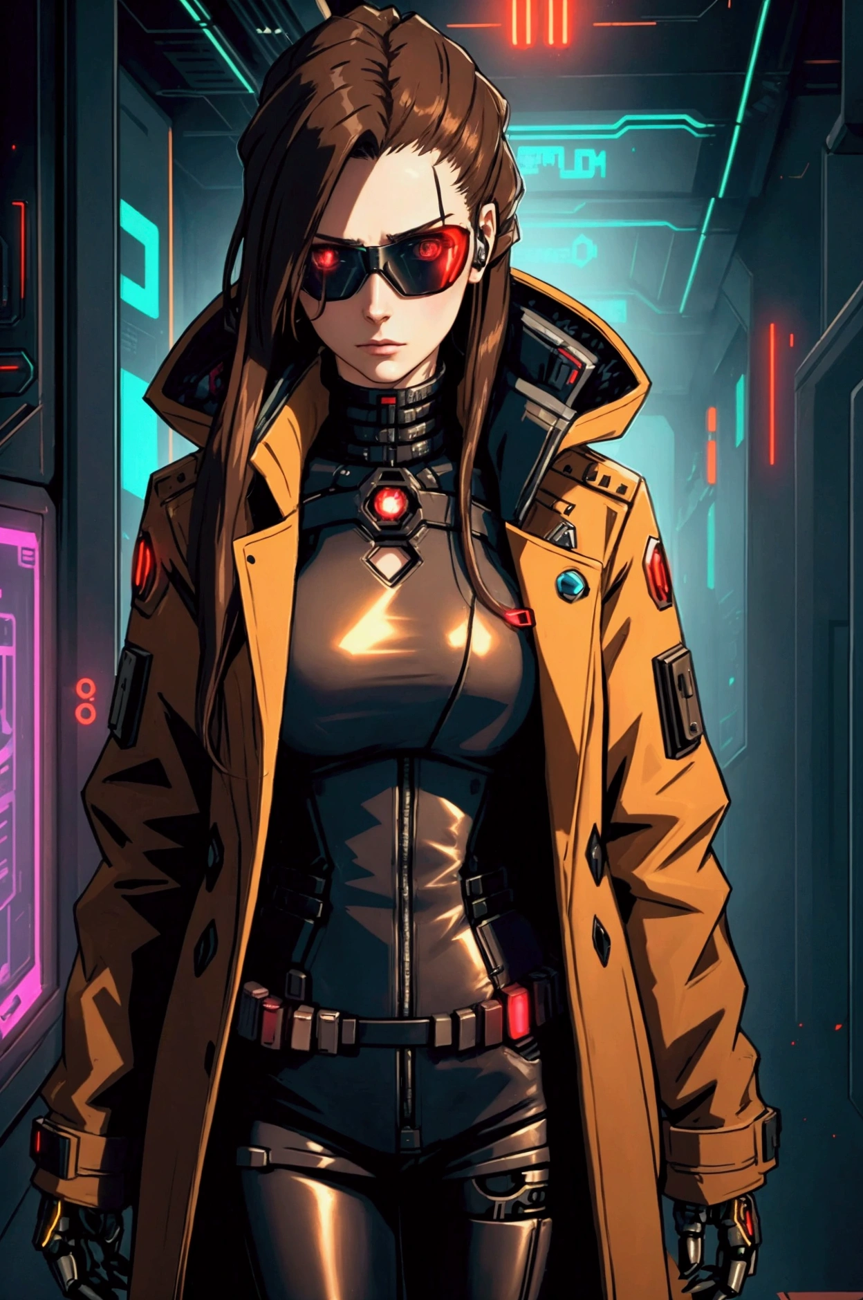 Female cyberpunk character with very long dark brown hair, a medium coat over the clothes, very discreet robotic mechanisms throughout the body and using cyberpunk netrunner interface glasses