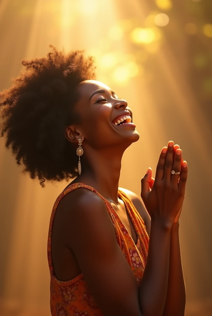 Créé la photo d'une femme qui s'appelle maya, de race africaine et heureuse soulevant les deux mains et sourire au visage. La photo doit être en portrait . Qu'elle ait l'allure chrétienne 