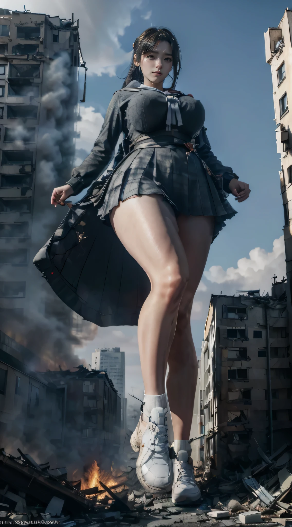 (Giantess Elements, High resolution, high quality, Accurate body structure, Detailed body), Japanese schoolgirl, Sailor suit, Towering Giant Girl, Very large breasts bigger than a face, Looking up at a woman approaching from below, giant attacks city, cute, girl Destroy a small town, Destroy a small town, Naughty look, Japanese, White skin, smile, trampling buildings, rubble, Burning Small Town, destroyed small building, Collapsed highway, Cars are crushed, Evacuation of residents, sunset, Burning Small Town, please, walk, Trampling, Anatomically correct, Accurate human body, Accurate skeleton, Full body portrait, blue eyes, rubble scattered at feet, taller than a skyscraper, Major impact, wonderful, Giantess Elements, Draw a woman in a big way, The rise of disruptors, making city smaller, rampage, city, building,