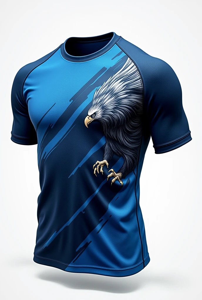 make a sports shirt of the city of atlanta with the base in shades of blue with the lines of an eagle in the corner of the shirt pulling it to the back