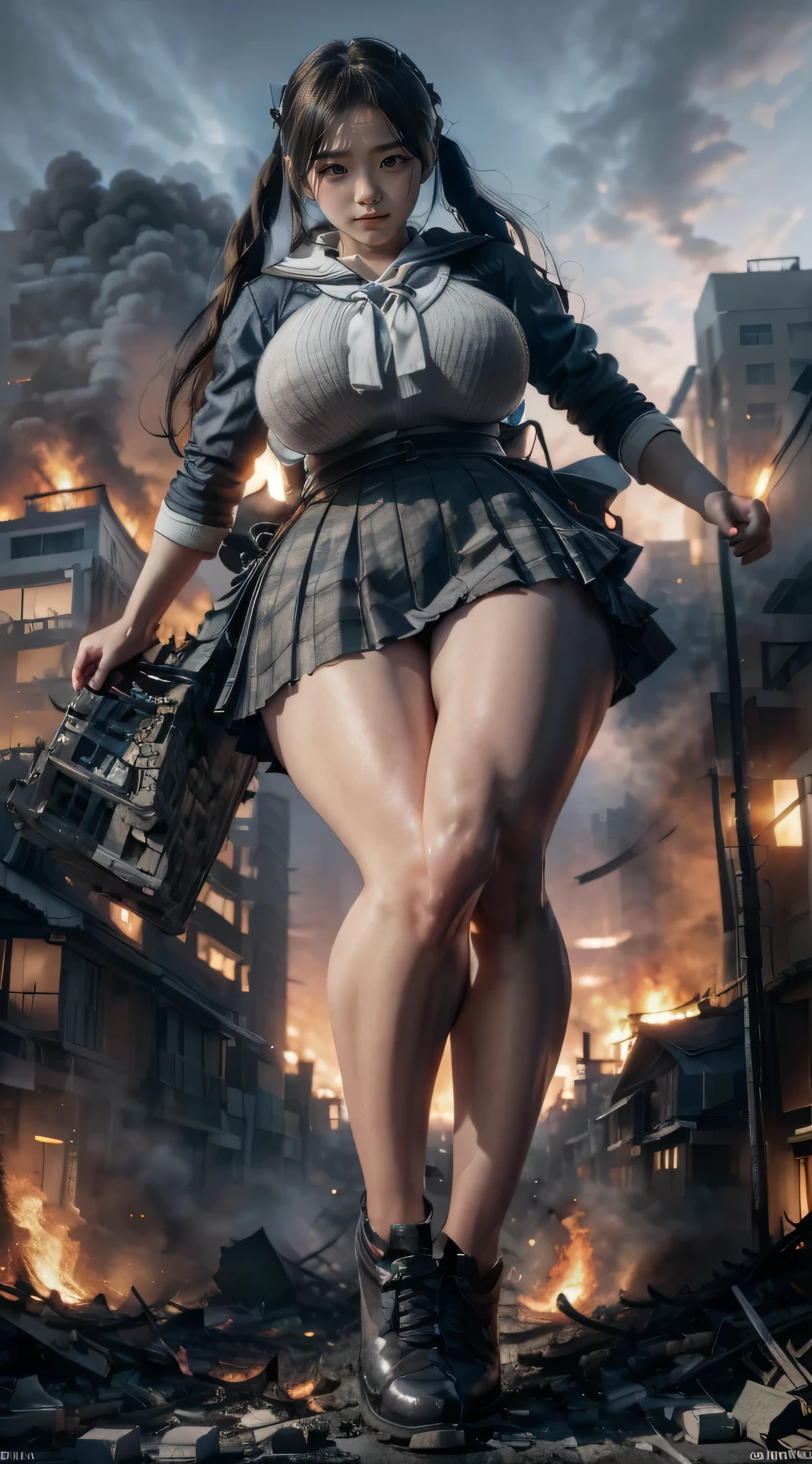 (Giantess Elements, High resolution, high quality, Accurate body structure, Detailed body), Japanese schoolgirl, Sailor suit, Towering Giant Girl, Very large breasts bigger than a face, Looking up at a woman approaching from below, giant attacks city, cute, girl Destroy a small town, Destroy a small town, Naughty look, Japanese, White skin, smile, trampling buildings, rubble, Burning Small Town, destroyed small building, Collapsed highway, Cars are crushed, Evacuation of residents, sunset, Burning Small Town, please, walk, Trampling, Anatomically correct, Accurate human body, Accurate skeleton, Full body portrait, blue eyes, rubble scattered at feet, taller than a skyscraper, Major impact, wonderful, Giantess Elements, Draw a woman in a big way, The rise of disruptors, making city smaller, rampage, city, building,