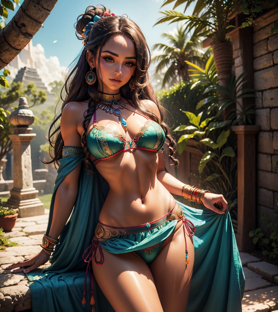 best qualityer,4K,8k,high resolution,work of art:1.2),ultra detali,(realisitic,photorealisitic,photo-realisitic:1.37),athletic Altaír Jarabo, maia sexy,Mayan Armor,sensual seductive eyes,captivating long flowing hair in shades of red and blue,atheist body,Breathtaking and seductive,Fantasy Mayan pyramids garden background with colorful flowers and lush greenery,soft, radiant lighting to accentuate your features,vibrant, vivid colors to create a mesmerizing Mayan atmosphere, thong panties, SEXY THONG PANTIES, SEMINUA, Sexy Bra, string panties