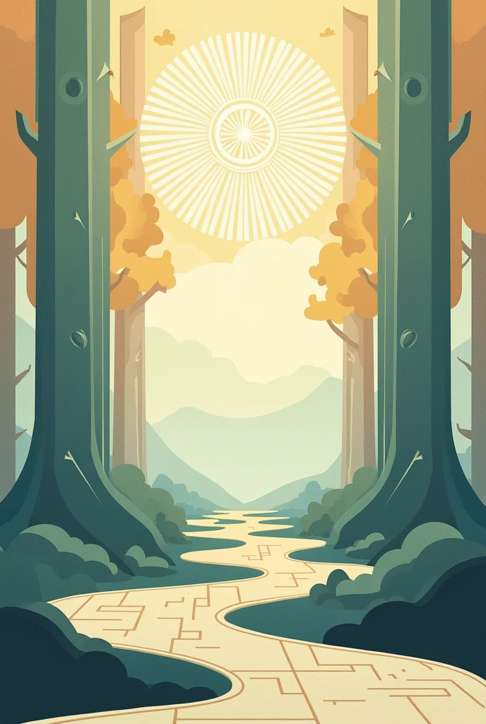 Use geometric shapes giving a modern clean look for eternal grove. Include line wlrm and patterns for roots and add suburst show the complex of time and history