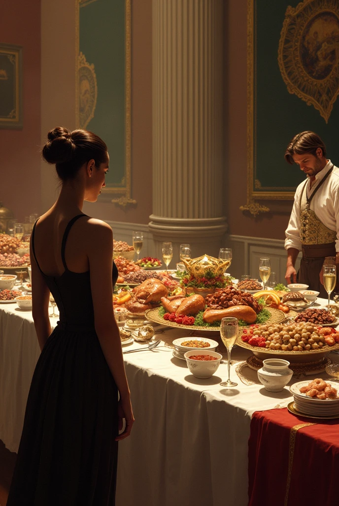 Create an image that has two people with their backs to each other looking at a banquet and one is satisfied and the other person is not.
