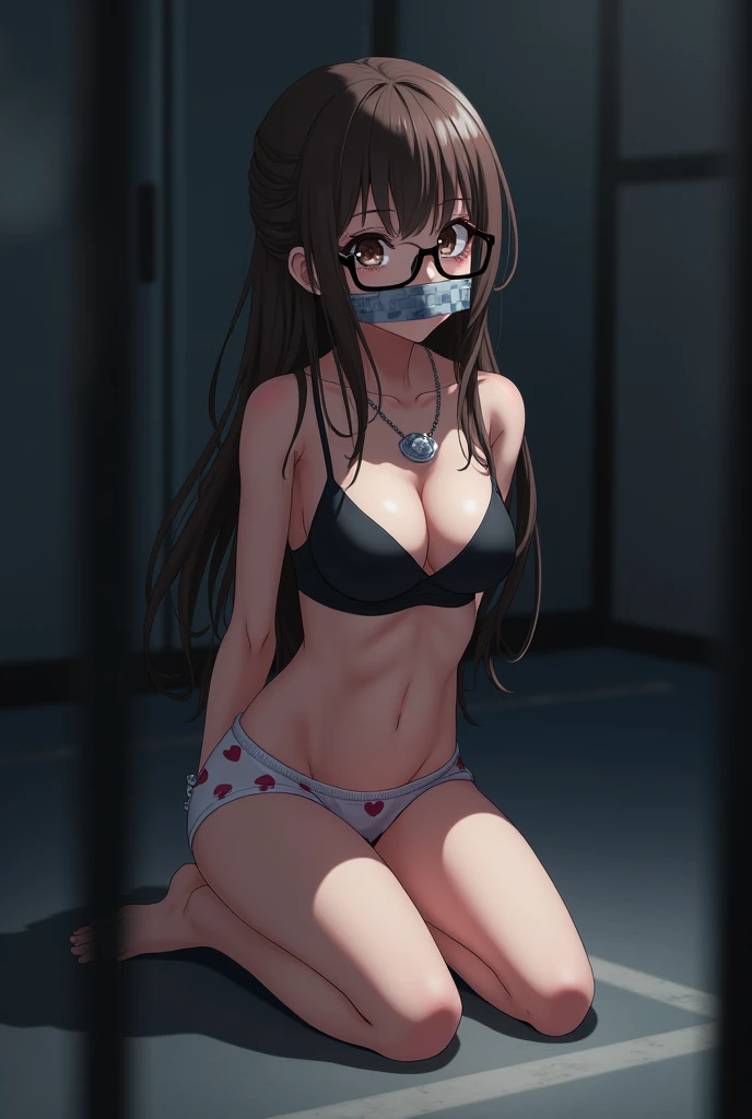 sekijou sawako, shibari, bondage, bound,  brown eyes, brown hair, long hair, black eye glasses, stripped, best quality, ultra-detailed, high resolution, extremely detailed cg, unity 8k wallpaper, masterpiece, perfect body, anime picture, femsub, BDSM, white panty with pink hearts, black bra, small breasts, at night, kneel, on floor, dark room, teary-eyed, tape gagged, duct tape, Sekijou Sawako, gym storeroom, arms behind back, wrist tied up behind her back, both legs closed, tied up ankle, bracing