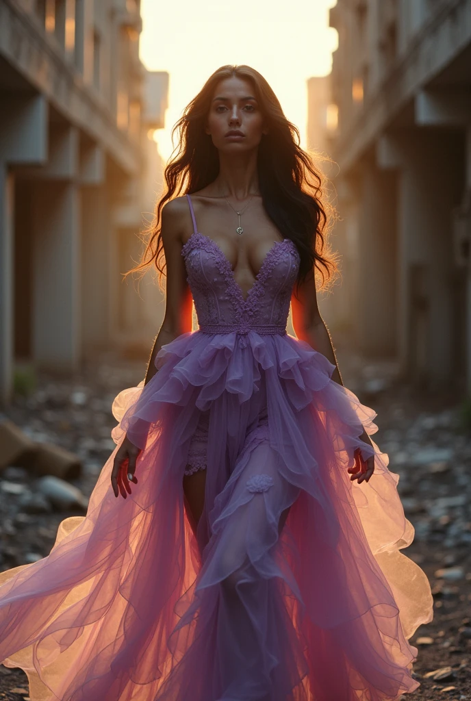 
A cinematic photo of a brunette fashion model wearing a magical lilal flower petal-made dress, as she strides confidently through a desolate, dark post-apocalyptic cityscape, capturing the stark juxtaposition of beauty and decay, with the model's flawless skin glowing like a beacon of hope amidst the ravaged urban landscape. photographed with a shallow depth of field to blur the bleak surroundings, emphasizing her striking, rebellious pose. full body, golden hour.