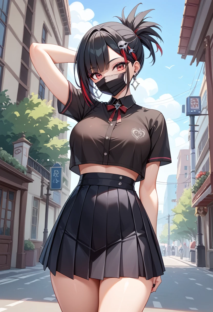 Gothic Punk、The inside color is red、Black-haired、hair ornaments、Beautiful girl、creative、Dark Fantasy Style、Goth Fashion 1：2,Tight mini skirt、Fine skin、Realistic textured hair、((Black Mask)),Whole Body Ezbian,19th century London streetscape, Complex clothing, 