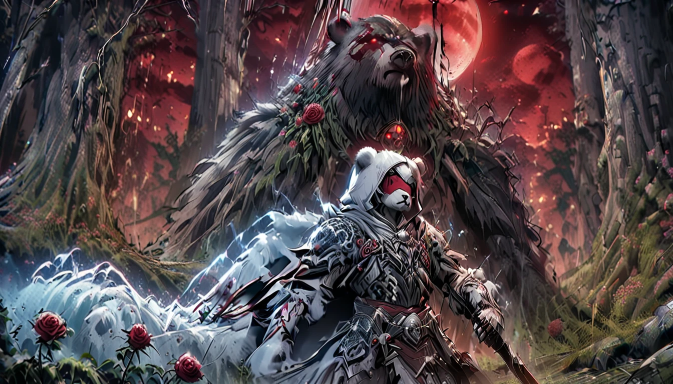 One man with a white hood with bear ears and a katana sits next to a polar bear in a forest while the blood moon shines, many Roses cover the ground and lightning falls from the sky. The man wears a red blindfold.