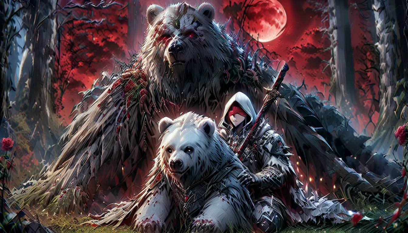 One man with a white hood with bear ears and a katana sits next to a polar bear in a forest while the blood moon shines, many Roses cover the ground and lightning falls from the sky. The man wears a red blindfold.