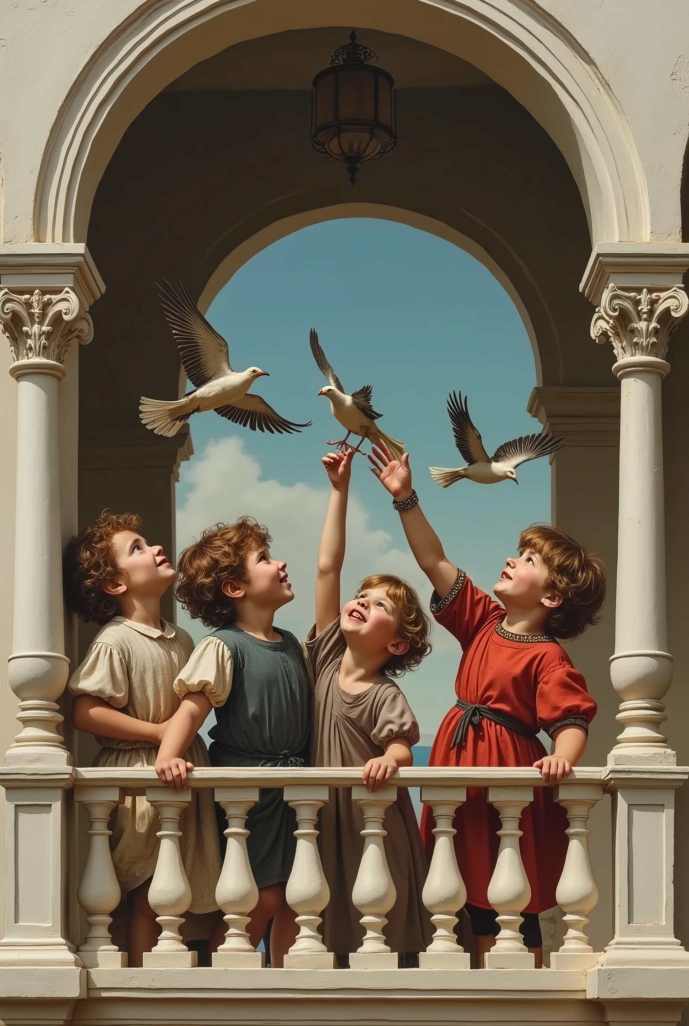 kids at balcony; pillars with vaulte arch; front view; with dress; caravaggio painting; white architecture; kids trying to get the birds at the top of guard; hight quality face 