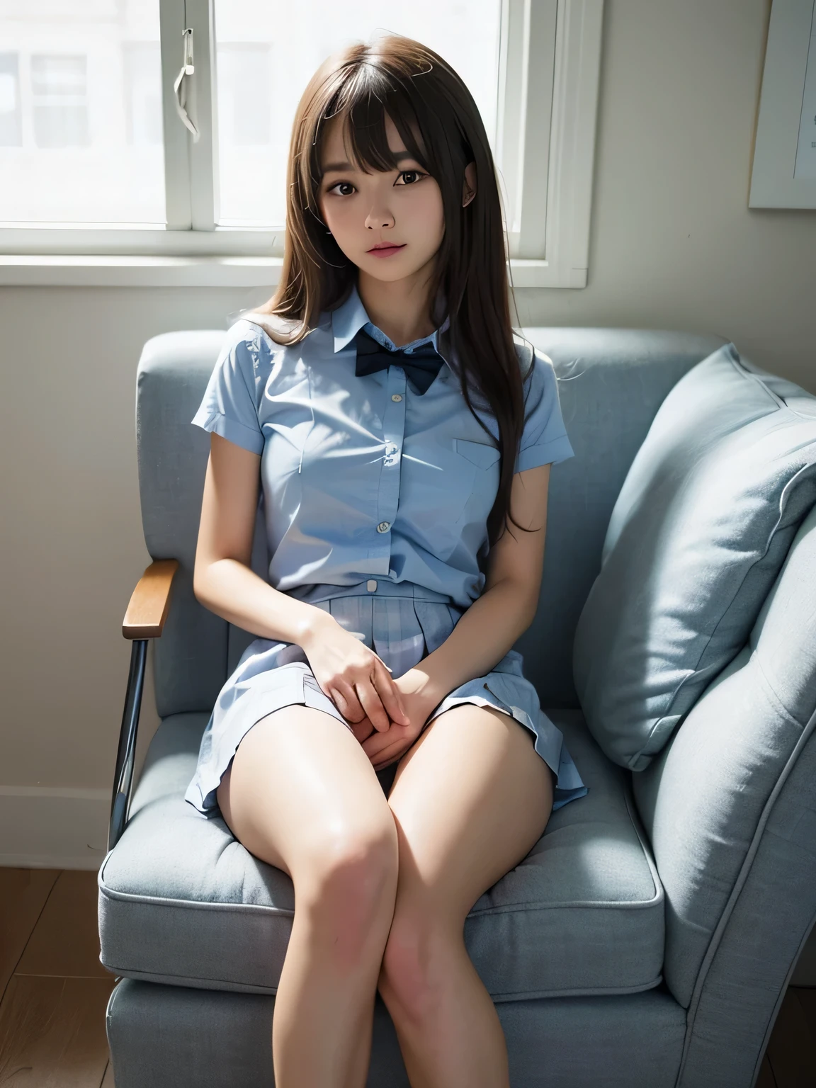 Bright expression、Photorealism、highest quality、Ultra-high resolution、photograph、The most beautiful Nordic photographs、Cute and beautiful face details、Small face、(Facing the children_v1:0.008)、Beautiful bangs、Alice in Wonderland、、(Thighs Thighs Thighs:1.2)、Esbian all over、Glowing White Skin、Hair gets tangled in the face、Bangs that reach down to the face、bangs、Hair between the eyes、Super long hair、Attractive brown, super long, straight, silky hair、Thin Hair、Beautiful bright, clear, light blue, large eyes that are charming and shining、(school uniform, Short sleeve shirt:1.2)、eyeliner、Sitting in a chair、double eyelid、Ample breasts、Dynamic pose
